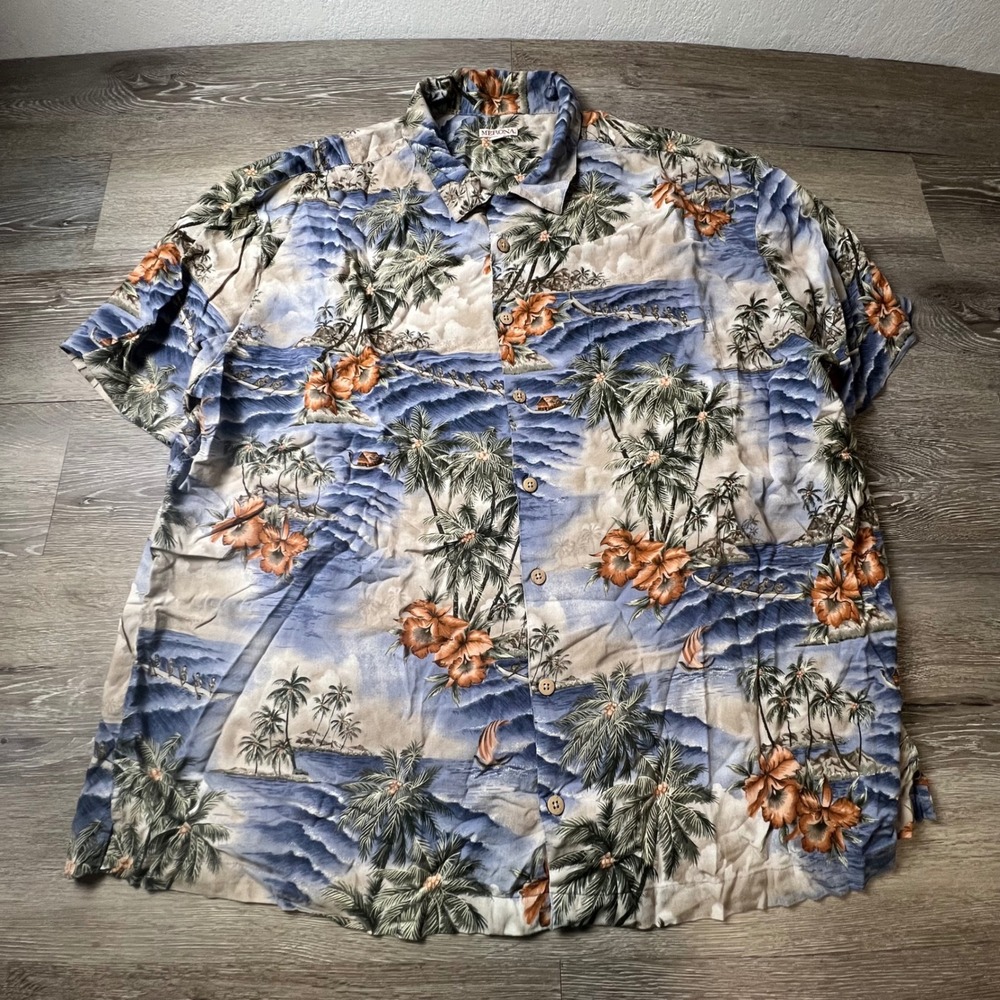 Merona Hawaiian Shirt Mens XXL Blue Tropical Palm Tree Rayon Button Down Aloha